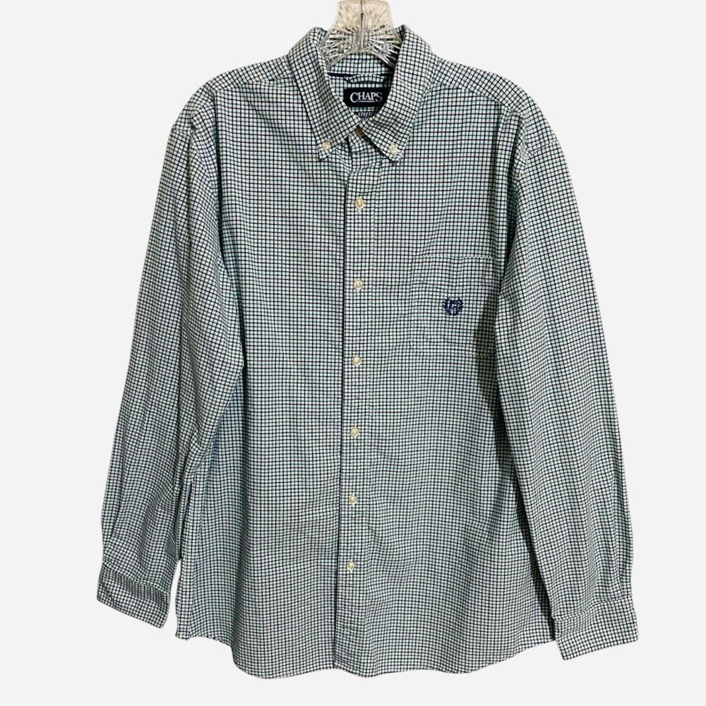 CHAPS Stretch Oxford Shirt Men's Sz L White Green Blue Check L/S Preppy Office